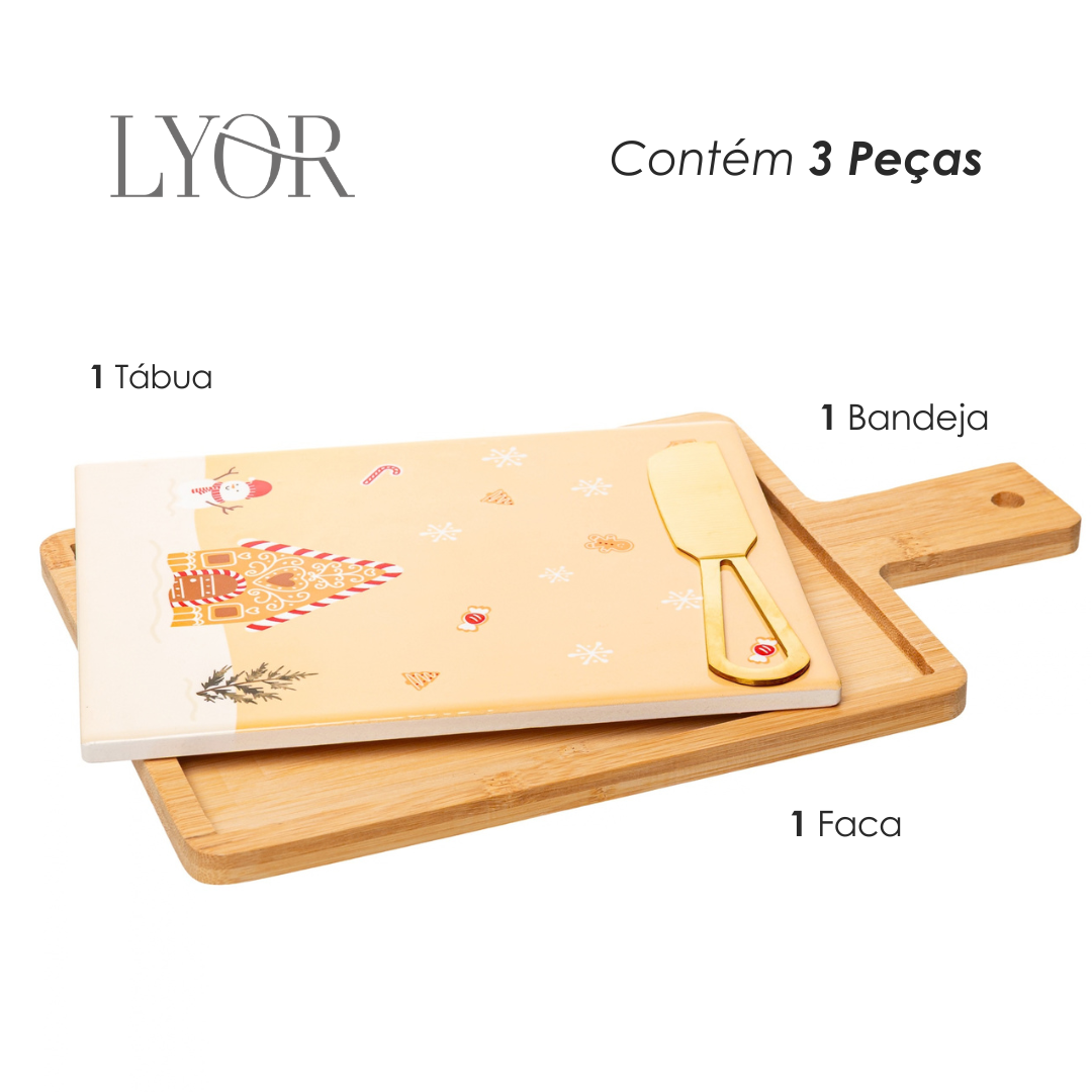 Conjunto 3 Peças para Queijo com Tábua e Faca Encanto de Natal 29cm x 17cm x 1cm Bambu - Lyor