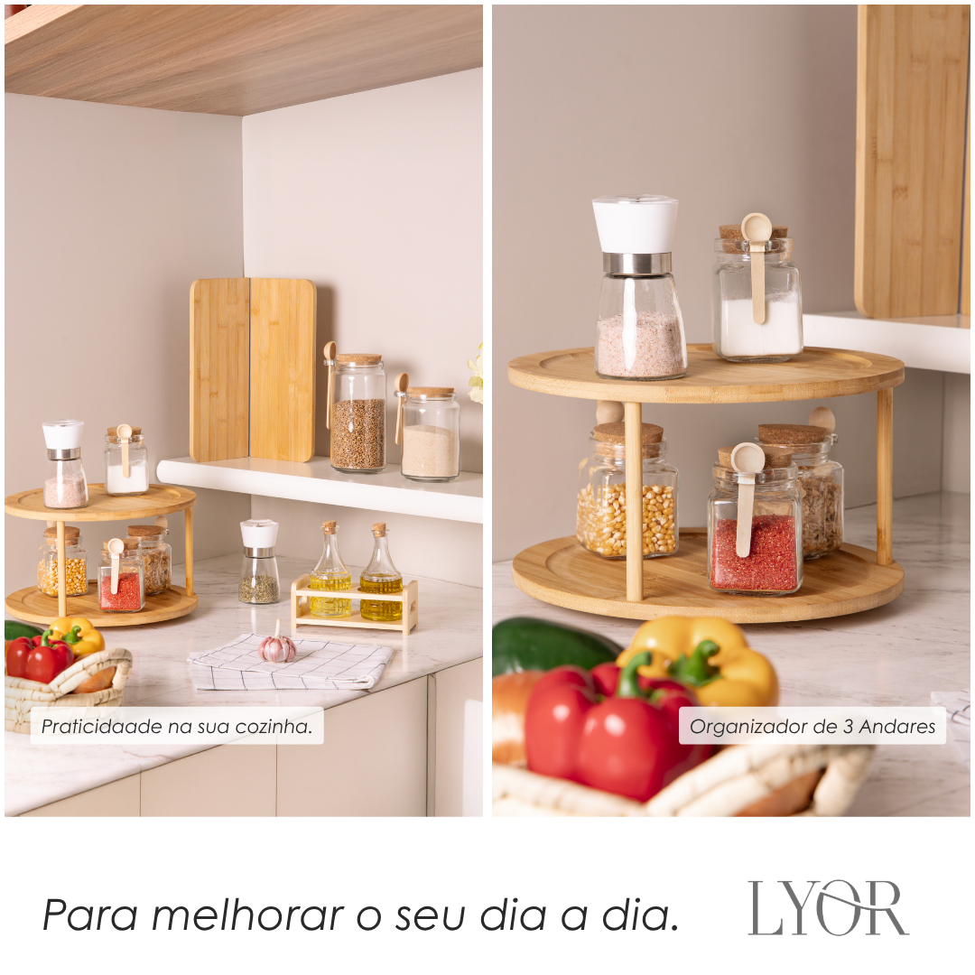 Organizador Giratório 2 Andares de Bambu 30cm x 30cm x 18,5cm - Lyor