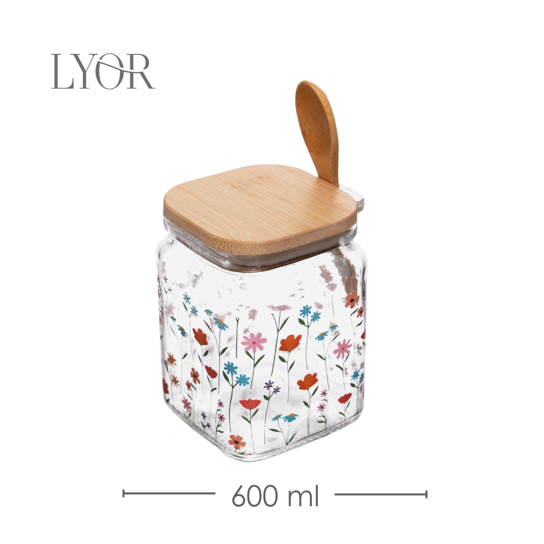 Pote Quadrado com Tampa e Colher de Bambu Jasmim 600ml Vidro - Lyor