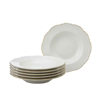 Conjunto 6 Pratos Fundos de Porcelana Maldivas Branco com Fio de Ouro  - Wolff
