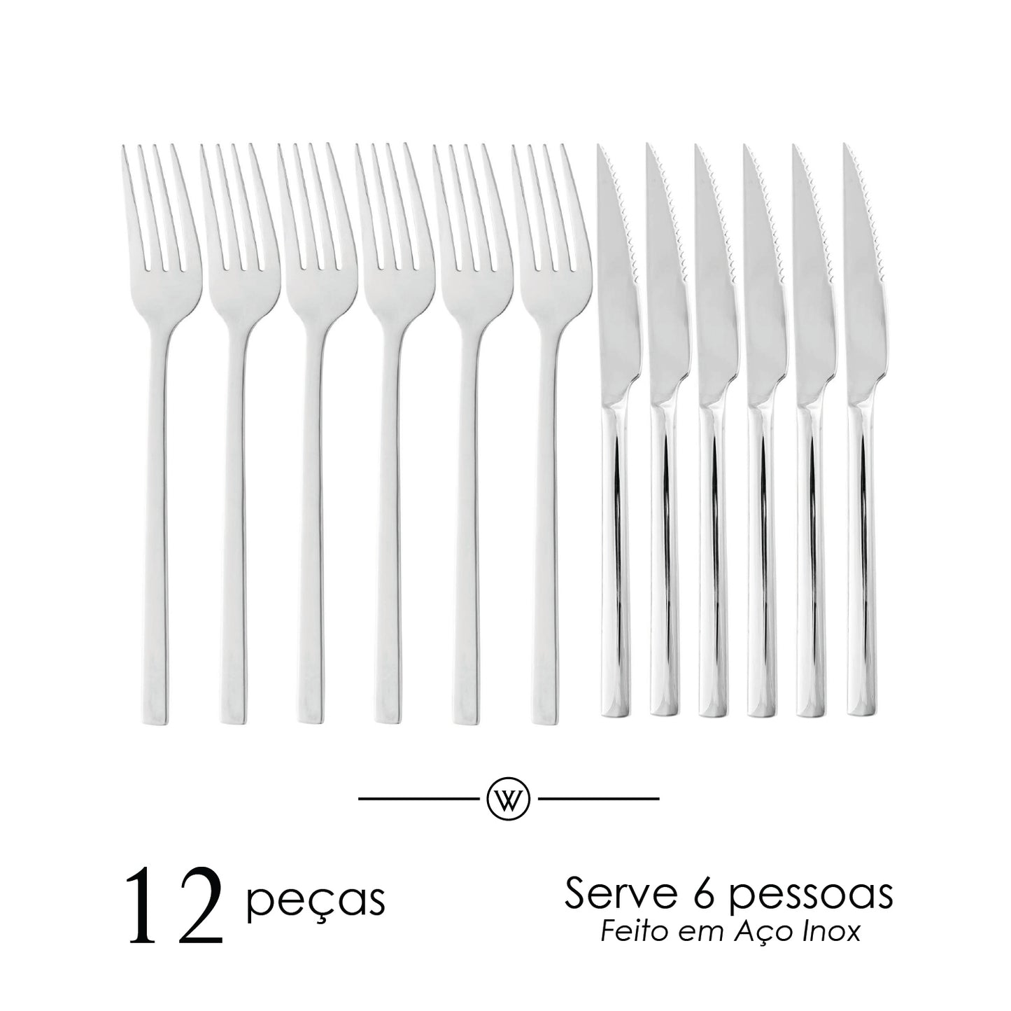 Conjunto 12 Peças Faca para Churrasco e Garfo Para Mesa Firenze Aço Inox - Wolff