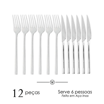 Conjunto 12 Peças Faca para Churrasco e Garfo Para Mesa Firenze Aço Inox - Wolff