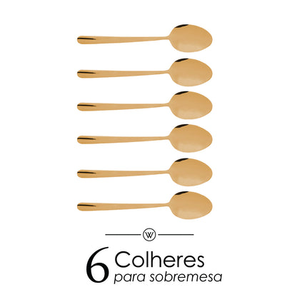 Conjunto 6 Colheres para Sobremesa Dourado Viena Aço Inox - Wolff
