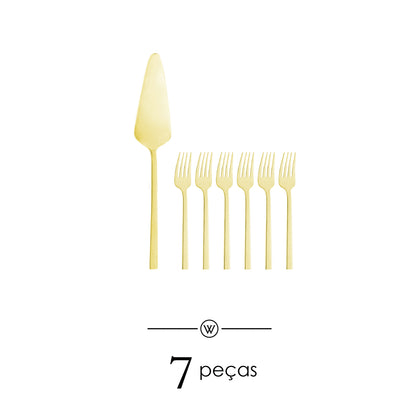 Conjunto 7 Peças Espátula para Bolo e 6 Garfos para Sobremesa Firenze Dourado Aço Inox - Wolff