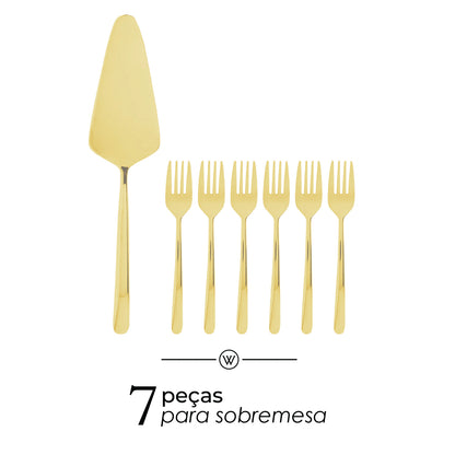 Conjunto 7 Peças Espátula para Bolo e 6 Garfos para Sobremesa Viena Dourado Aço Inox - Wolff
