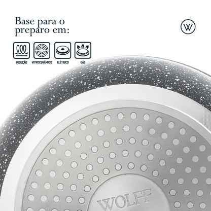 Wok de Indução com Tampa de Vidro 28cm Granilite Preta Alumínio com Revestimento Cerâmico - Wolff