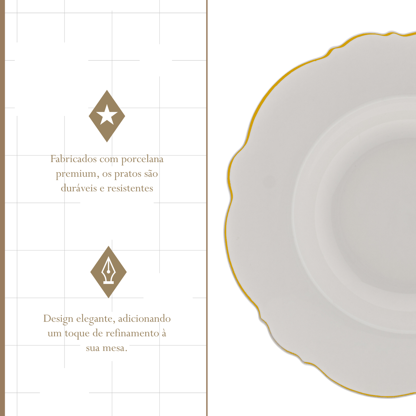 Conjunto 6 Pratos Fundos de Porcelana Maldivas Branco com Fio de Ouro  - Wolff