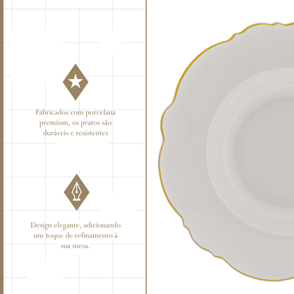 Conjunto 6 Pratos Fundos de Porcelana Maldivas Branco com Fio de Ouro  - Wolff