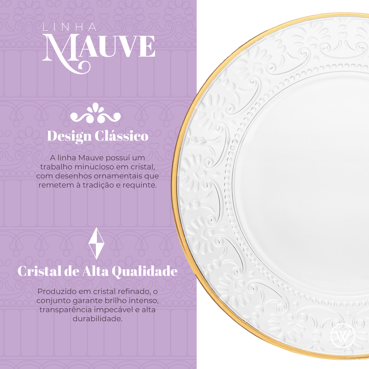 Prato para Sobremesa Mauve com Fio de Ouro 19cm x 2cm Cristal - Wolff