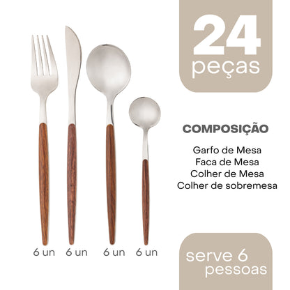 Faqueiro 24 Peças de Aço Inox com Cabo em Estampa de Madeira Organic - Lyor