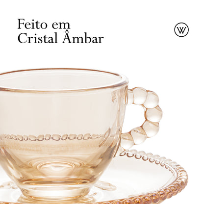 Conjunto 4 Xícaras de Café de Cristal com Pires Pearl Âmbar Metalizado 80ml - Wolff