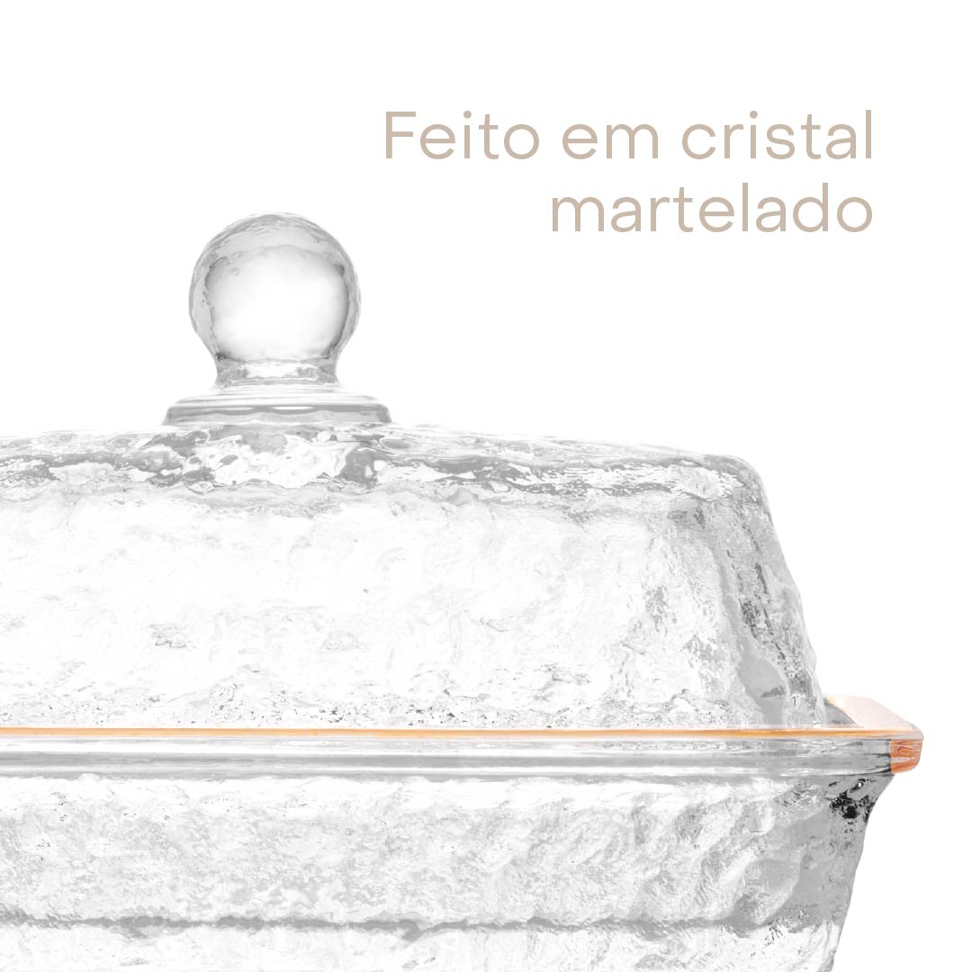 Manteigueira de Cristal Ecológico Martelado com Tampa e Fio de Ouro Petra 17cm x 10,5cm x 10cm  Lyor