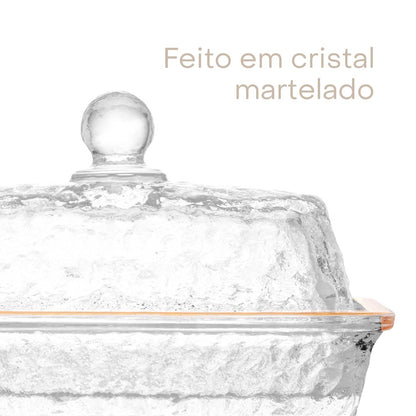 Manteigueira de Cristal Ecológico Martelado com Tampa e Fio de Ouro Petra 17cm x 10,5cm x 10cm  Lyor