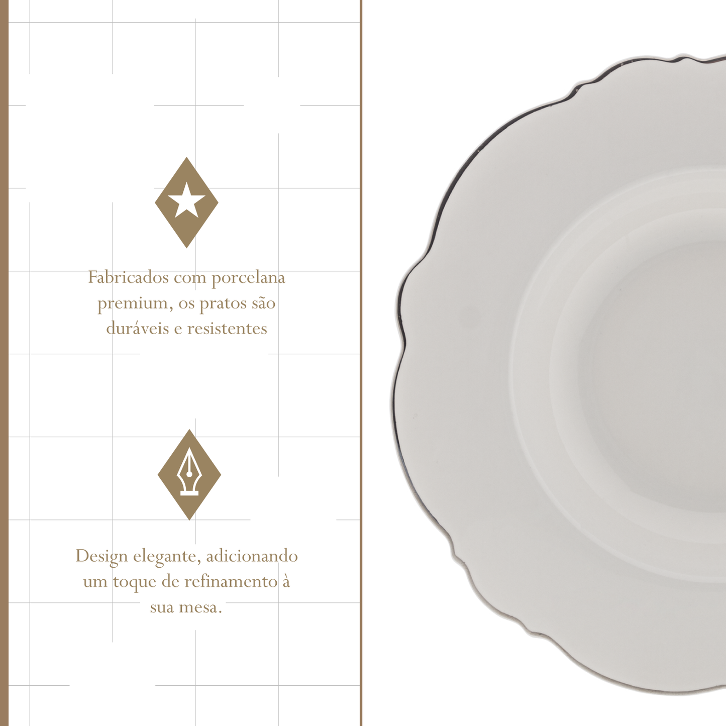 Conjunto 6 Pratos Fundos de Porcelana Maldivas com Fio Prata - Wolff