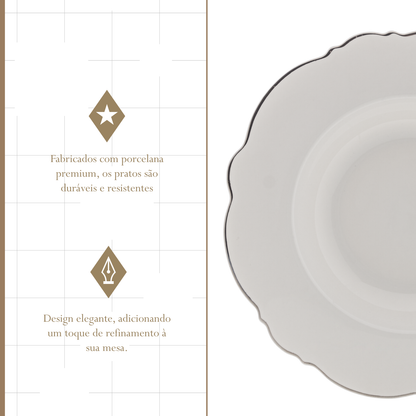 Conjunto 6 Pratos Fundos de Porcelana Maldivas com Fio Prata - Wolff