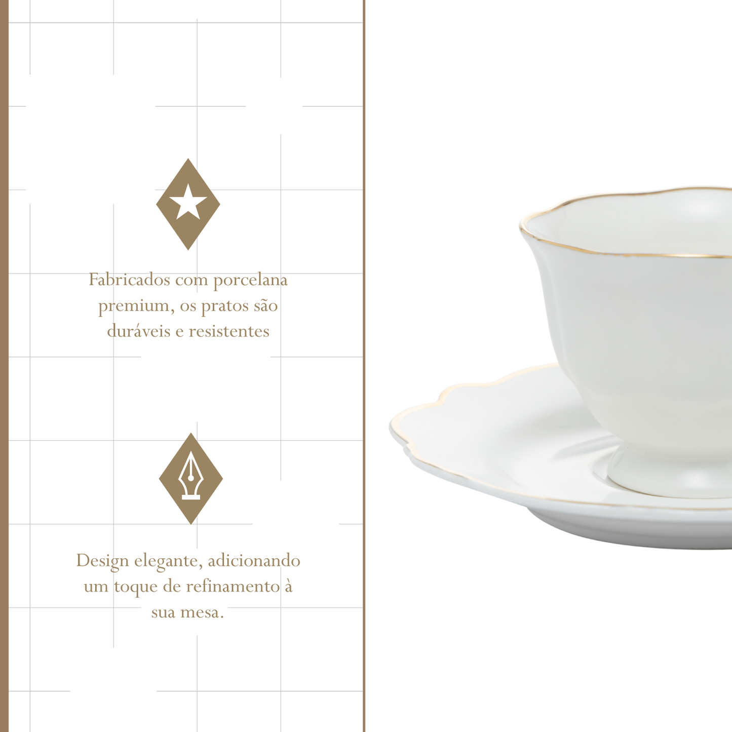 Conjunto 6 Xícaras de Chá de Porcelana com Pires Maldivas com Fio de Ouro - Wolff