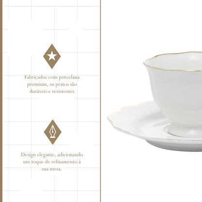 Conjunto 6 Xícaras de Chá de Porcelana com Pires Maldivas com Fio de Ouro - Wolff