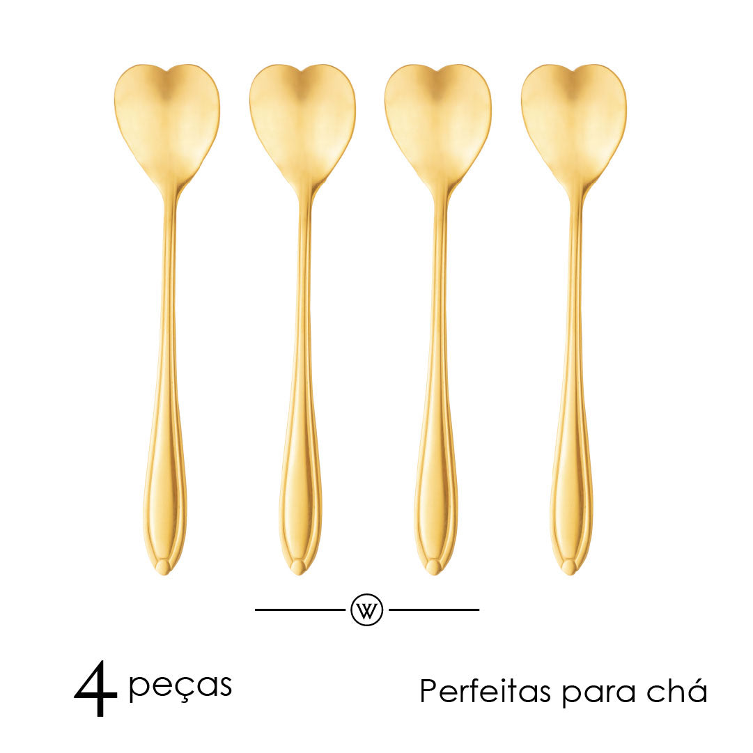 Conjunto 4 Colheres de Chá de Aço Inox Heart Dourado - Wolff