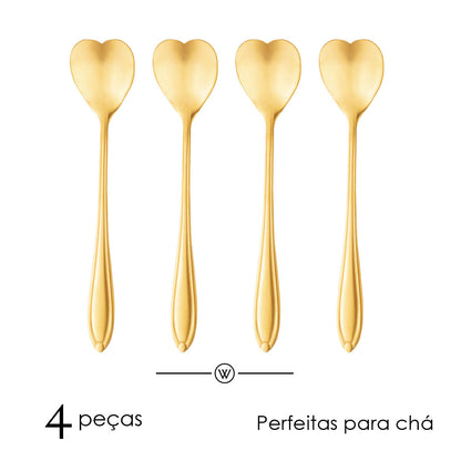 Conjunto 4 Colheres de Chá de Aço Inox Heart Dourado - Wolff