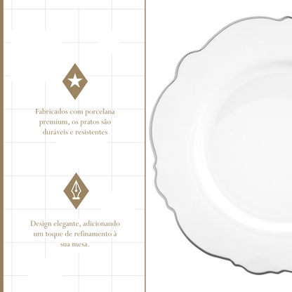 Aparelho de Jantar 42 Peças de Porcelana Maldivas Branco com Fio Prata - Wolff
