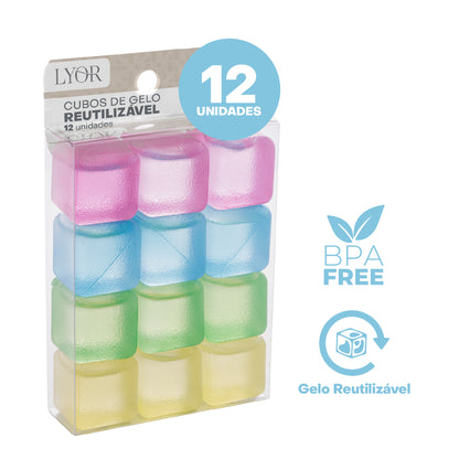 Conjunto 12 Cubos de Gelo Reutilizável de Plástico Colorido 2,5cm - Lyor