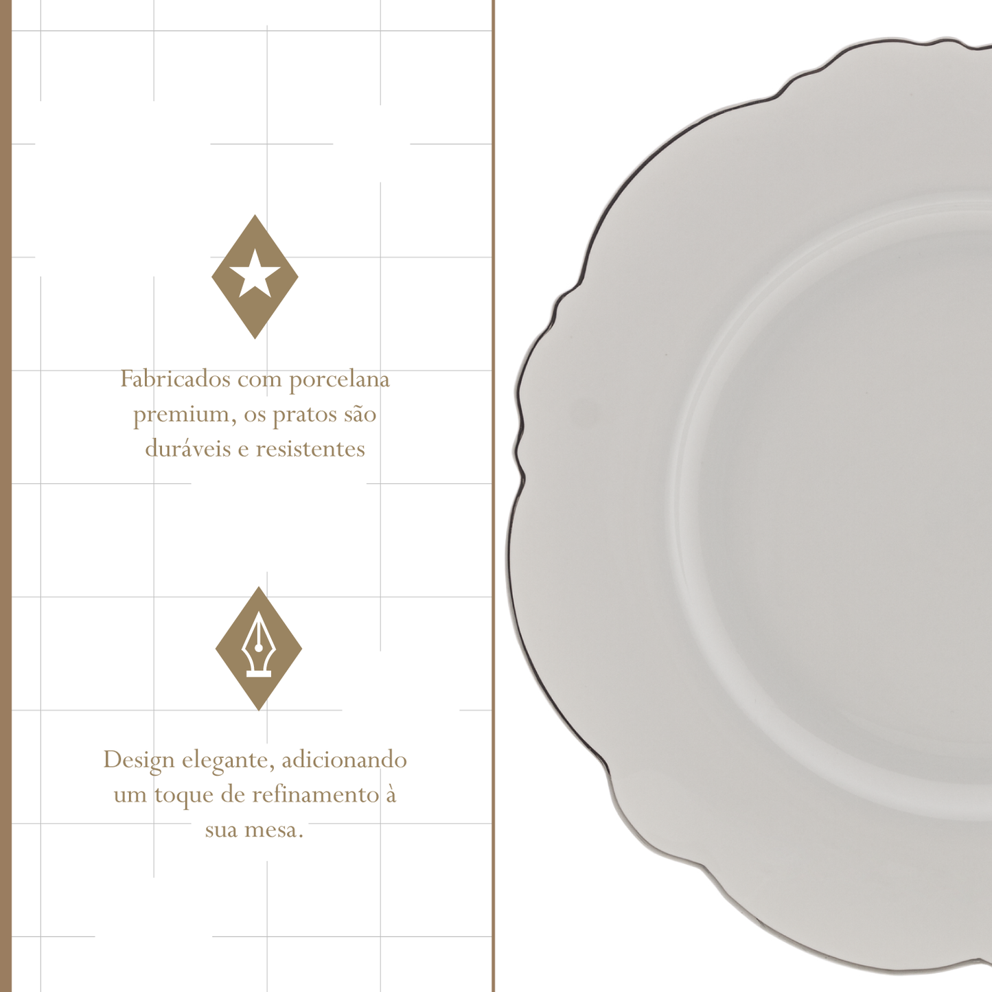 Conjunto 6 Pratos Rasos de Porcelana Maldivas com Fio Prata 28cm - Wolff