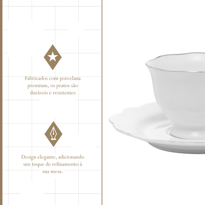 Conjunto 6 Xícaras de Café com Pires Branco com Fio Prata Maldivas 80ml - Wolff