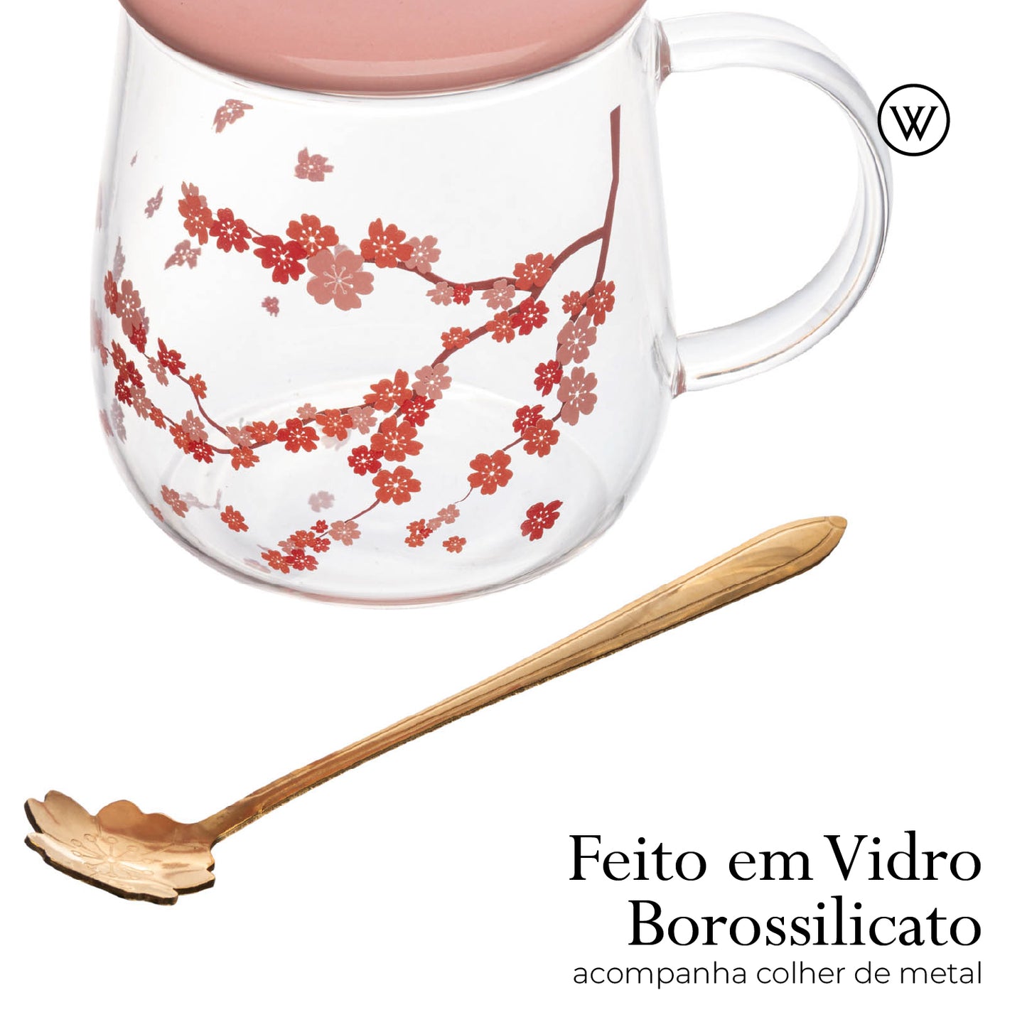 Caneca de Vidro Borossilicato com Tampa e Colher Sakura 500ml - Wolff