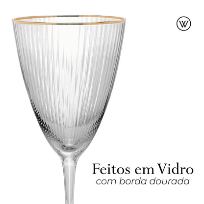 Conjunto 2 Taças de Vinho De Vidro Com Borda Dourada Lines 400Ml - Wolff