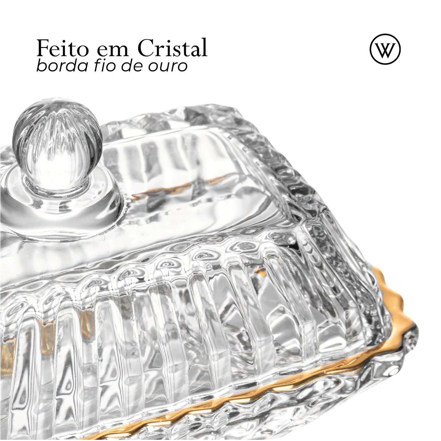 Manteigueira Retangular de Cristal com Tampa e Fio de Ouro Império 15,5cm x 7,5cm x 8,5cm - Wolff