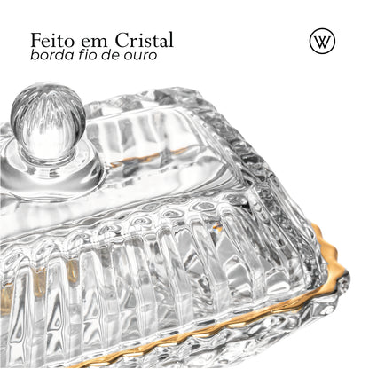 Manteigueira Retangular de Cristal com Tampa e Fio de Ouro Império 15,5cm x 7,5cm x 8,5cm - Wolff