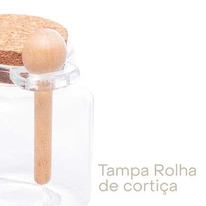 Pote Quadrado com Colher de Bambu e Tampa de Cortiça 300ml Vidro - Lyor