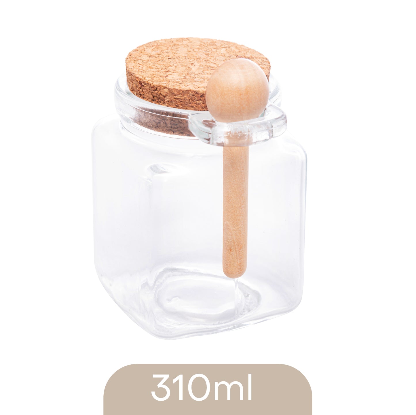 Pote Quadrado com Colher de Bambu e Tampa de Cortiça 300ml Vidro - Lyor
