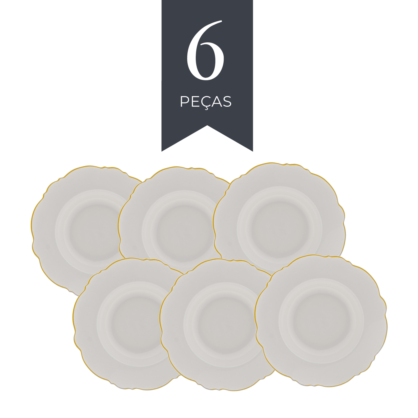 Conjunto 6 Pratos Fundos de Porcelana Maldivas Branco com Fio de Ouro  - Wolff