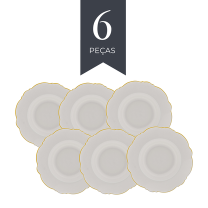 Conjunto 6 Pratos Fundos de Porcelana Maldivas Branco com Fio de Ouro  - Wolff