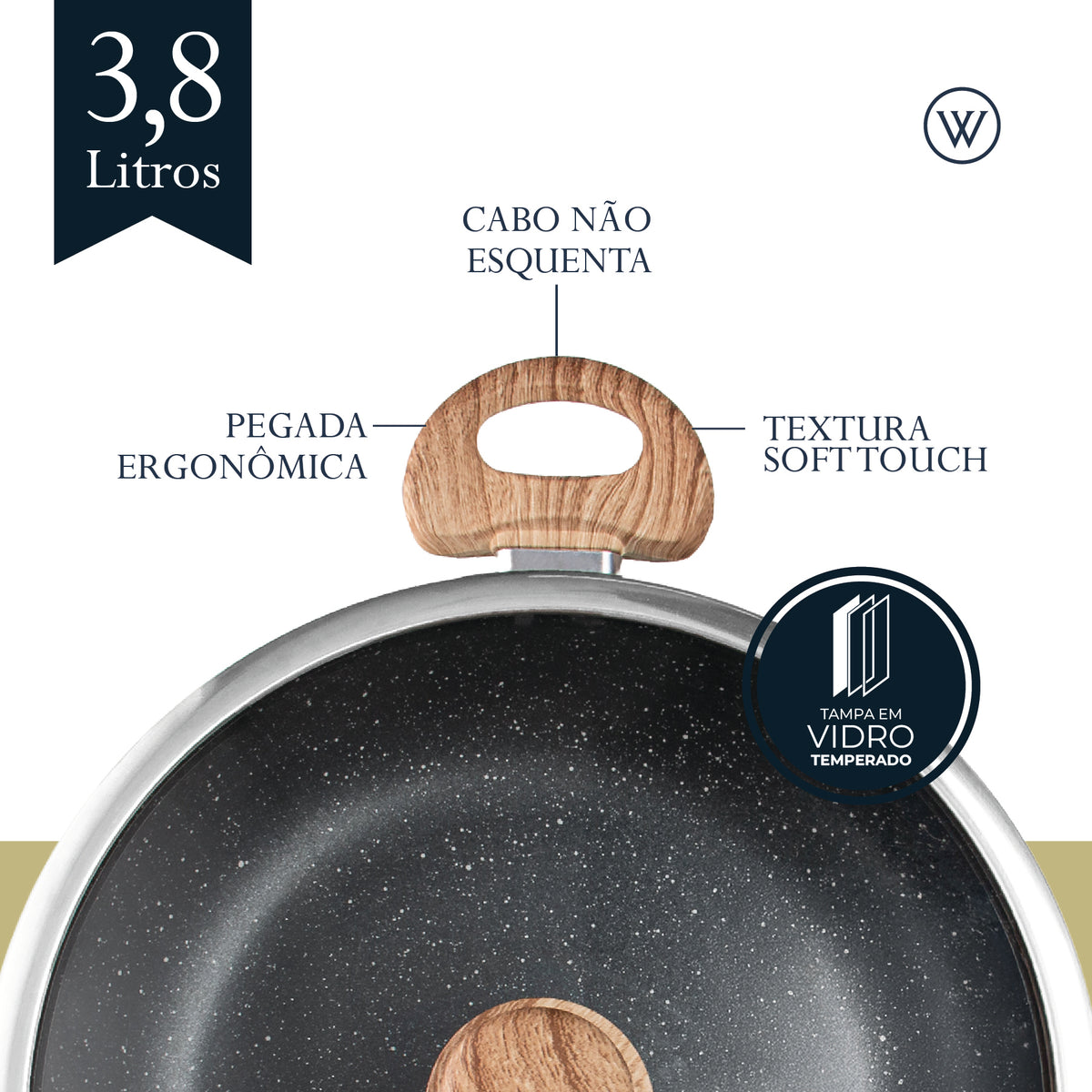 Wok de Indução com Tampa de Vidro 28cm Granilite Preta Alumínio com Revestimento Cerâmico - Wolff