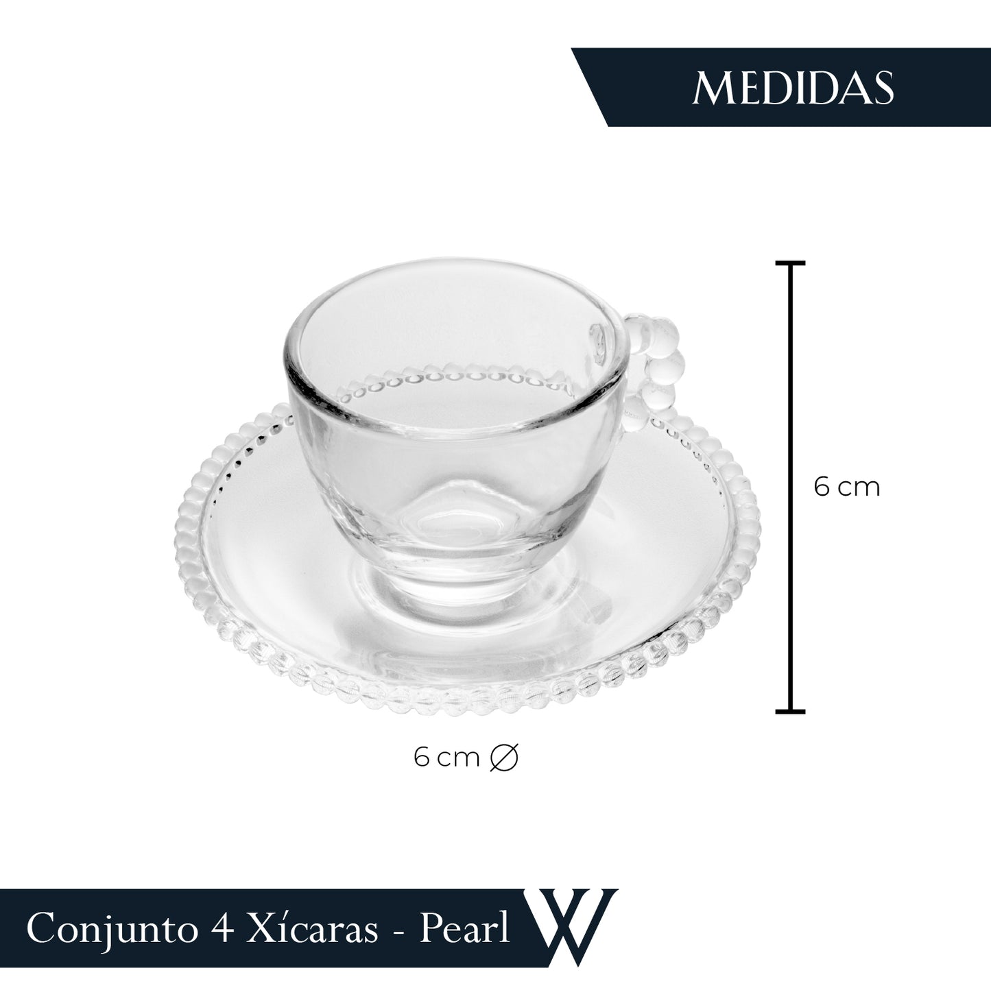 Conjunto 4 Xícaras de Café de Cristal com Pires Pearl 80ml - Wolff