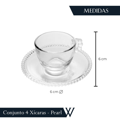 Conjunto 4 Xícaras de Café de Cristal com Pires Pearl 80ml - Wolff