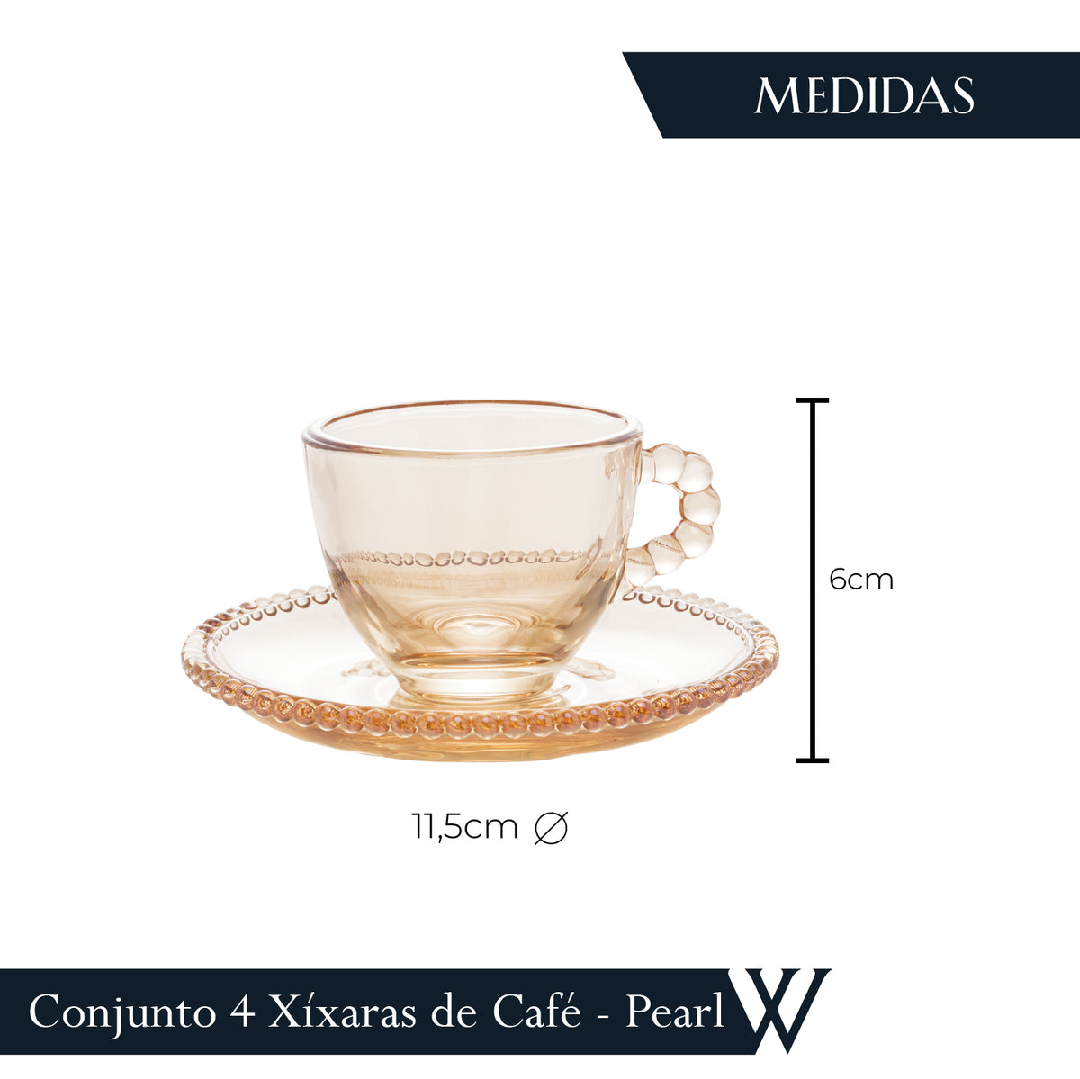 Conjunto 4 Xícaras de Café de Cristal com Pires Pearl Âmbar Metalizado 80ml - Wolff