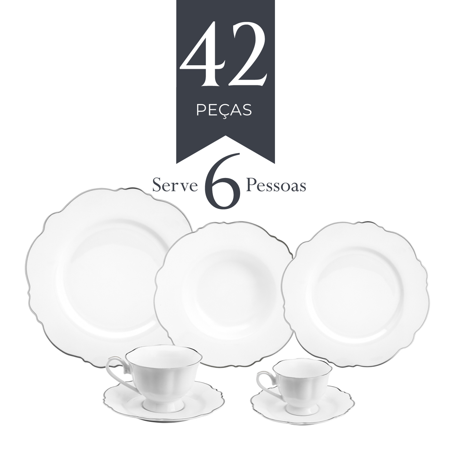Aparelho de Jantar 42 Peças de Porcelana Maldivas Branco com Fio Prata - Wolff
