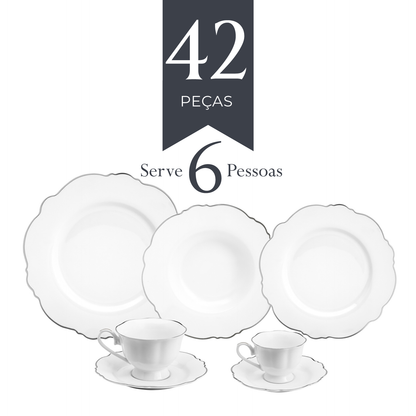 Aparelho de Jantar 42 Peças de Porcelana Maldivas Branco com Fio Prata - Wolff