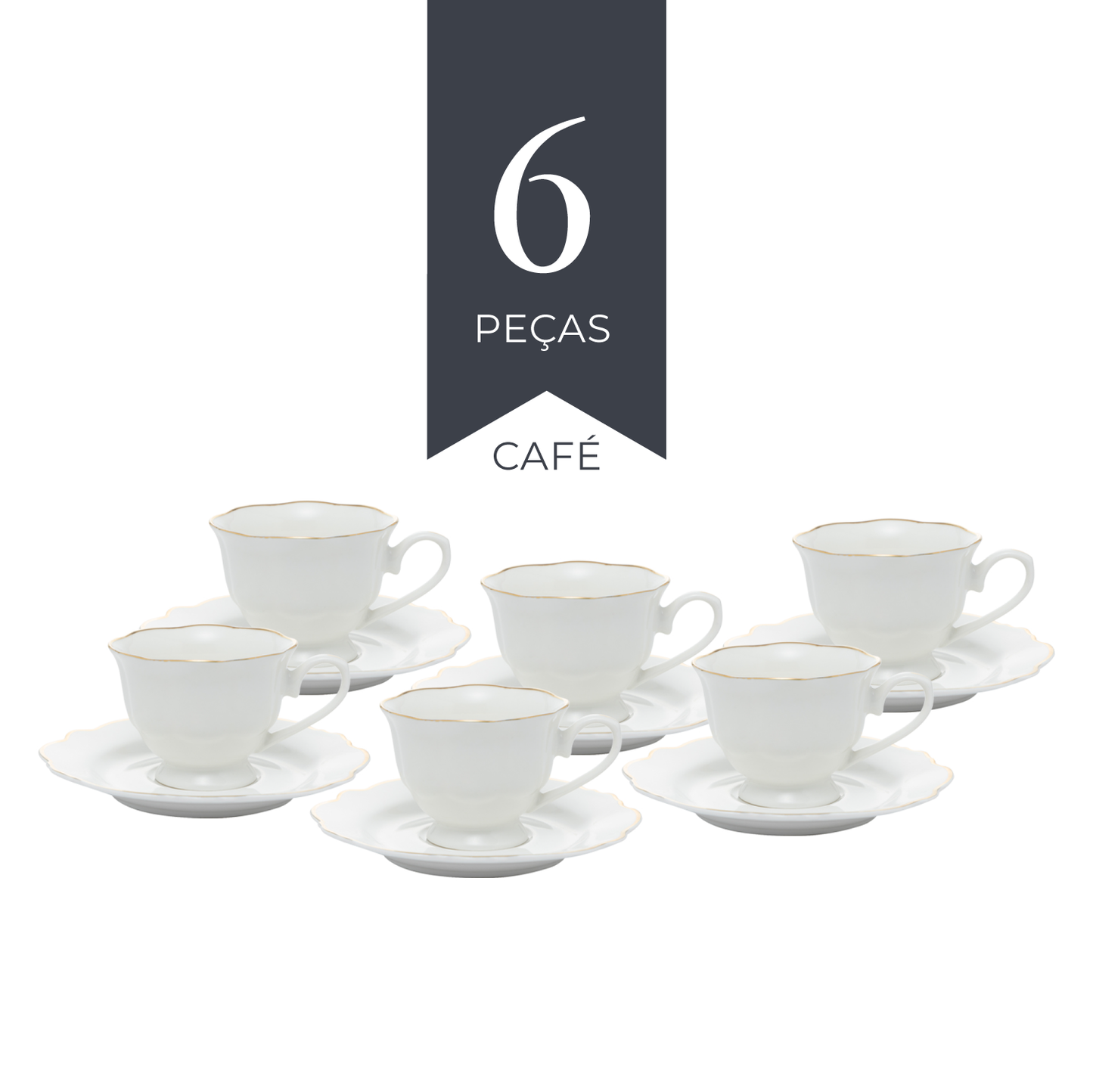 Conjunto 6 Xícaras de Café com Pires Maldivas Branco com Fio de Ouro - Wolff