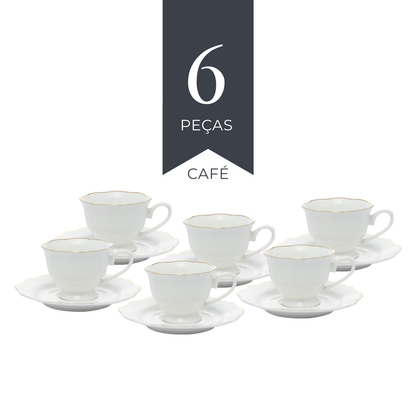 Conjunto 6 Xícaras de Café com Pires Maldivas Branco com Fio de Ouro - Wolff