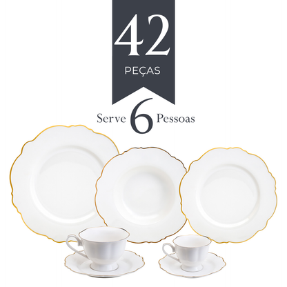 Aparelho de Jantar 42 Peças de Porcelana Maldivas com Fio de Ouro - Wolff