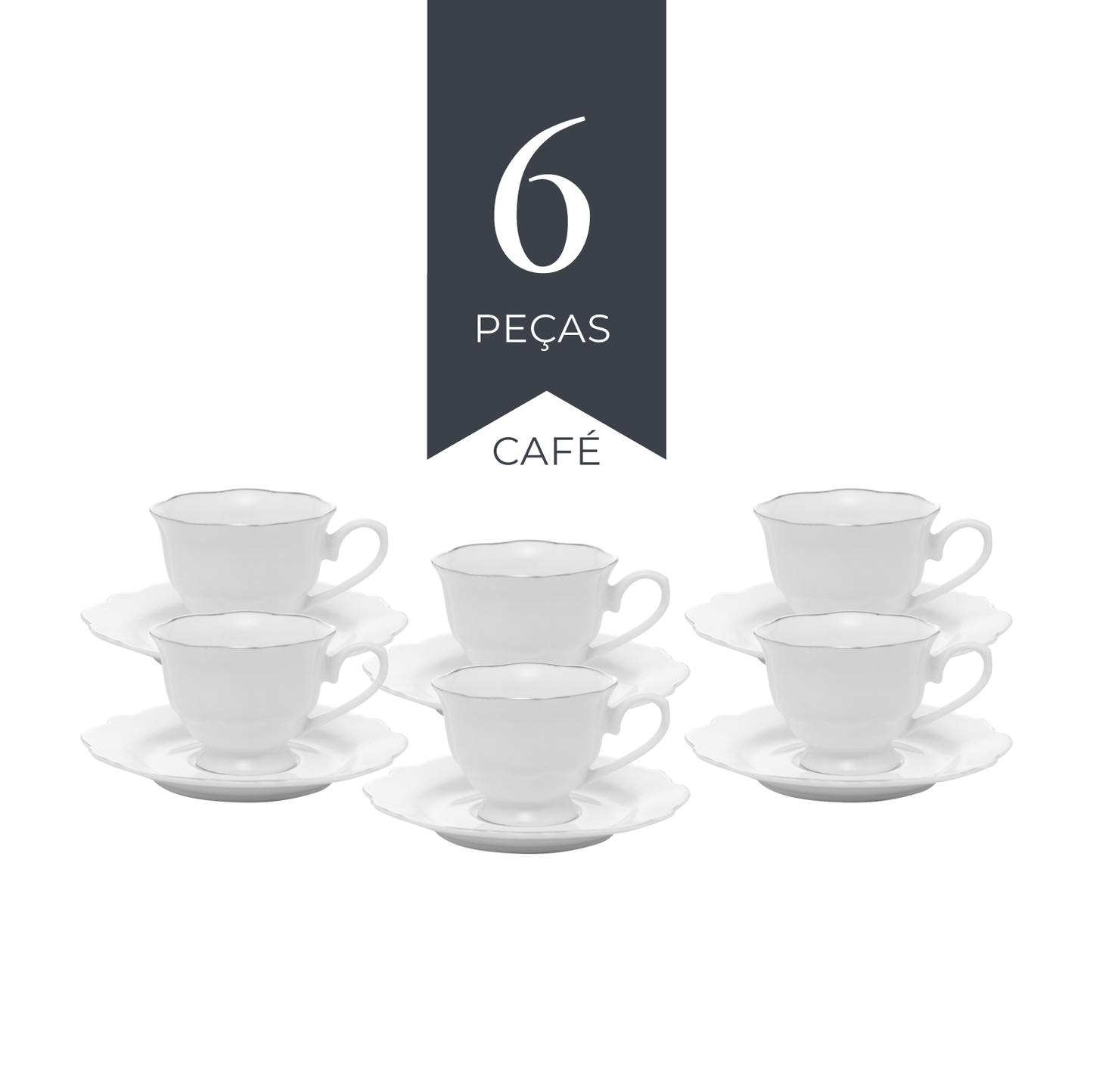 Conjunto 6 Xícaras de Café com Pires Branco com Fio Prata Maldivas 80ml - Wolff