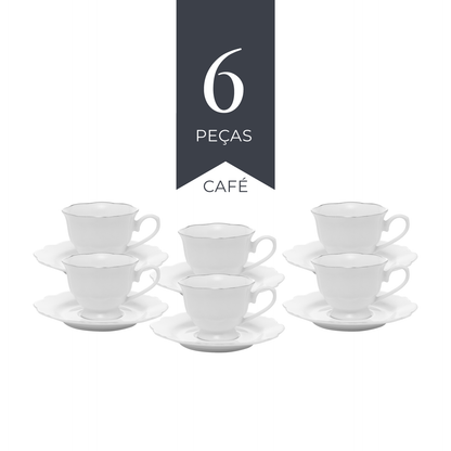 Conjunto 6 Xícaras de Café com Pires Branco com Fio Prata Maldivas 80ml - Wolff