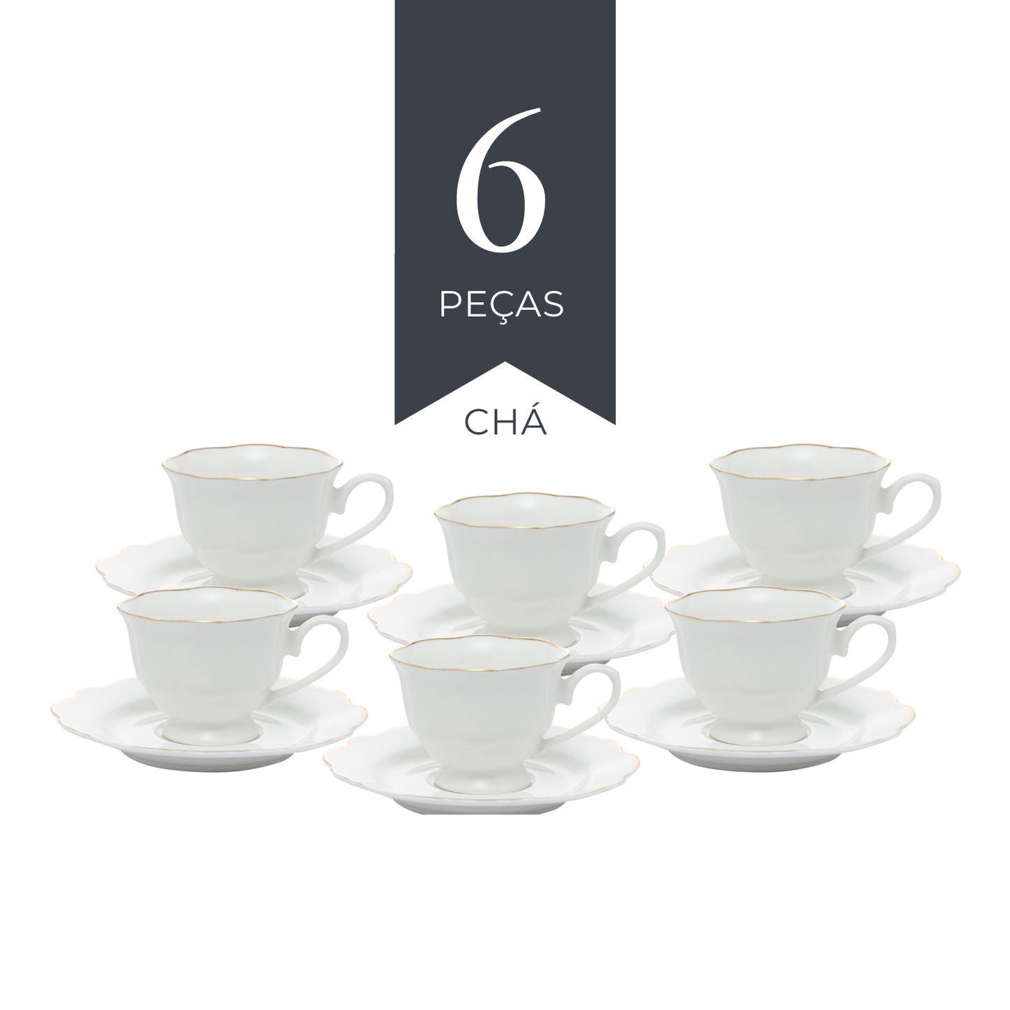 Conjunto 6 Xícaras de Chá de Porcelana com Pires Maldivas com Fio de Ouro - Wolff