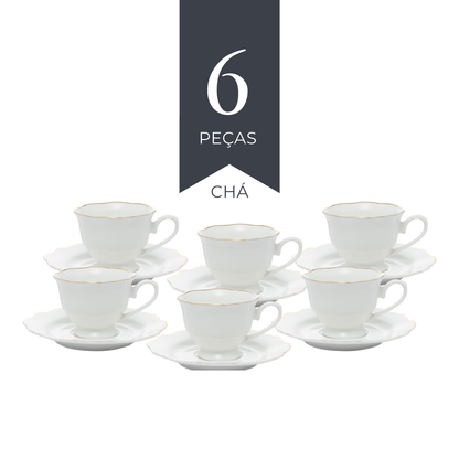 Conjunto 6 Xícaras de Chá de Porcelana com Pires Maldivas com Fio de Ouro - Wolff