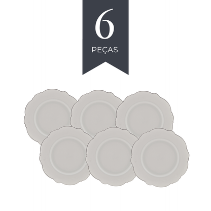Conjunto 6 Pratos para Sobremesa de Porcelana Maldivas com Fio Prata 21cm - Wolff