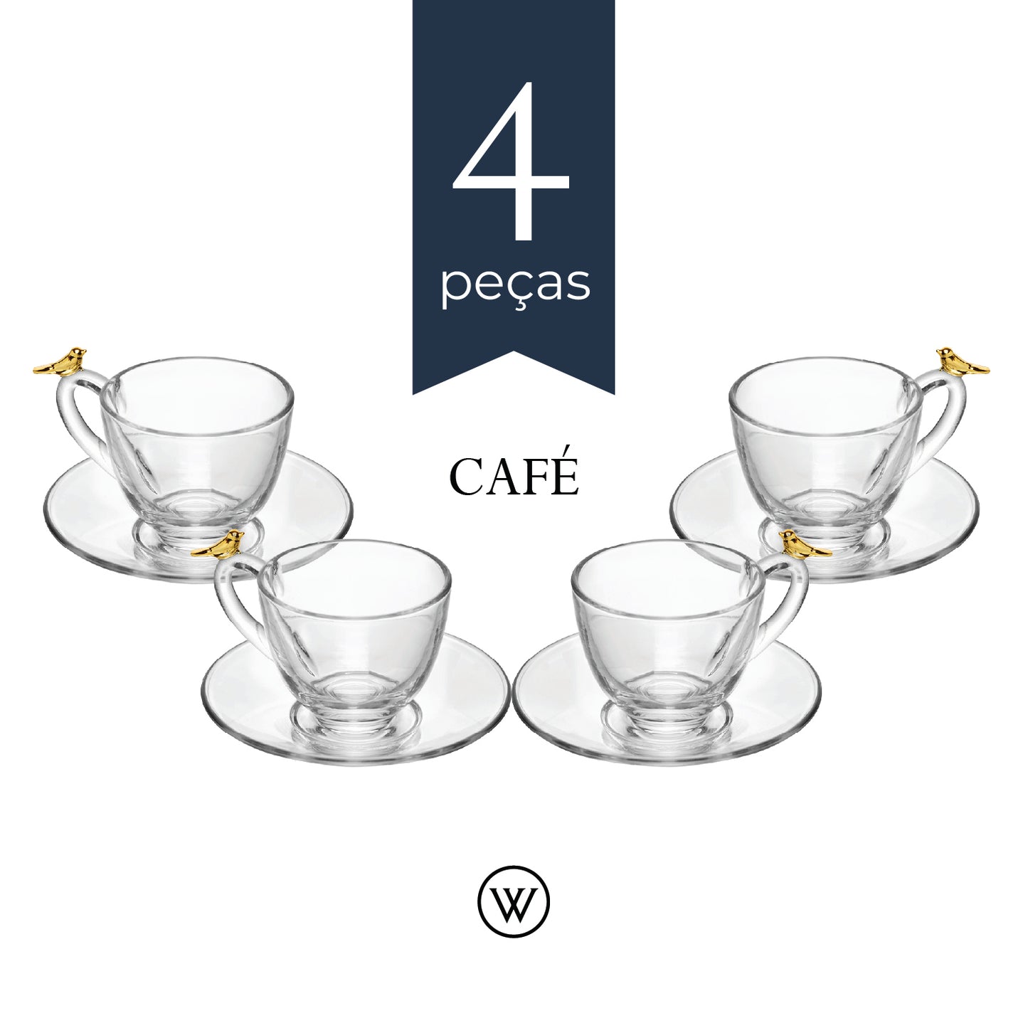 Conjunto 4 Xícaras de Café com Pires Golden Bird 80ml Cristal Ecológico - Wolff
